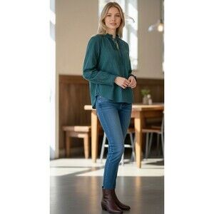 Prairie Cottagecore Ruffle Tie Neck Stripe Blouse Cotton Free Assembly M